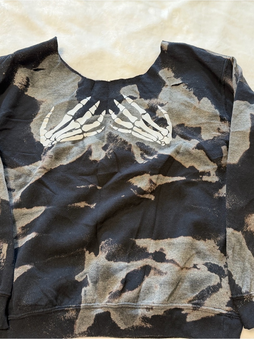 Women Black & Gray bleached and distressed Sweatshirt with Skeleton Hand Graphic